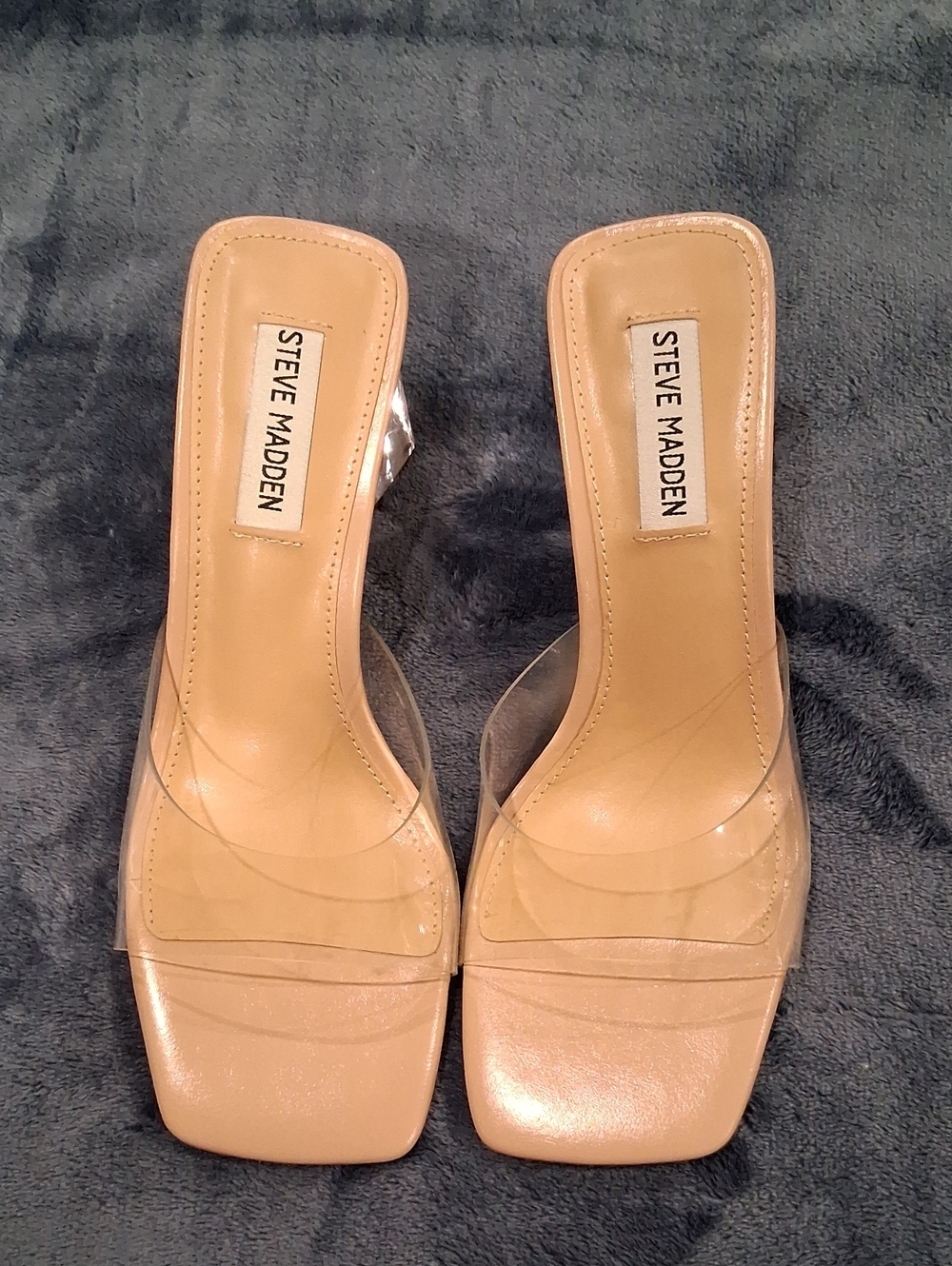 Steve Madden Nude Clear Strap Square-Toe Slide Mules